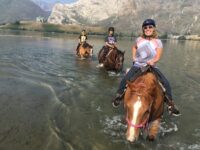 3 people riding horses through water